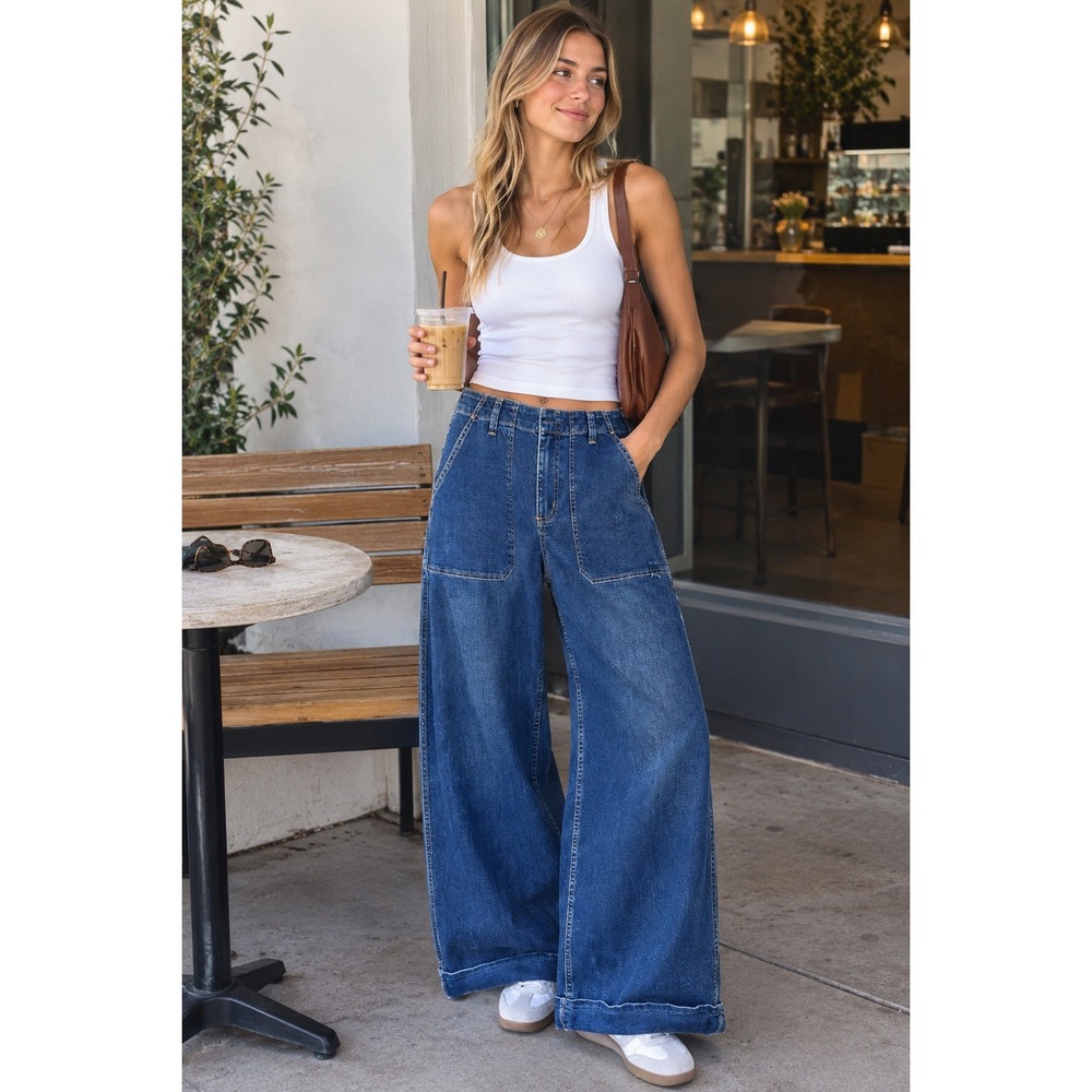 We The Free Wide Leg Jeans Women 30 Blue Baggy Patch Pocket Curvy Denim